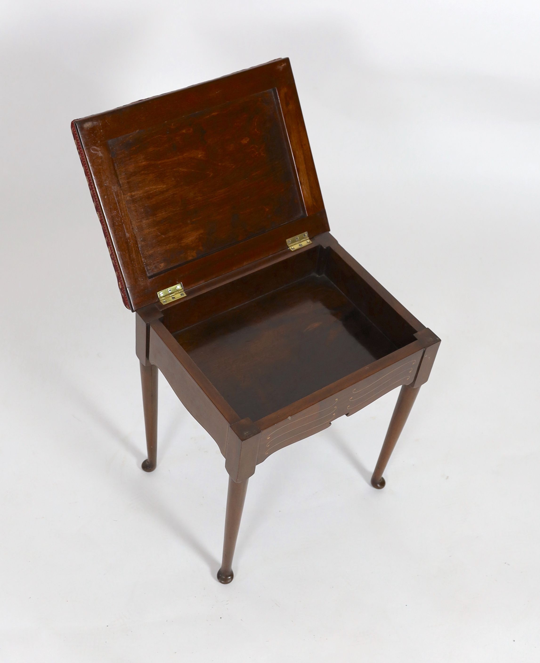 An Edwardian inlaid mahogany upholstered box stool piano stool, width 45cm depth 36cm height 53cm